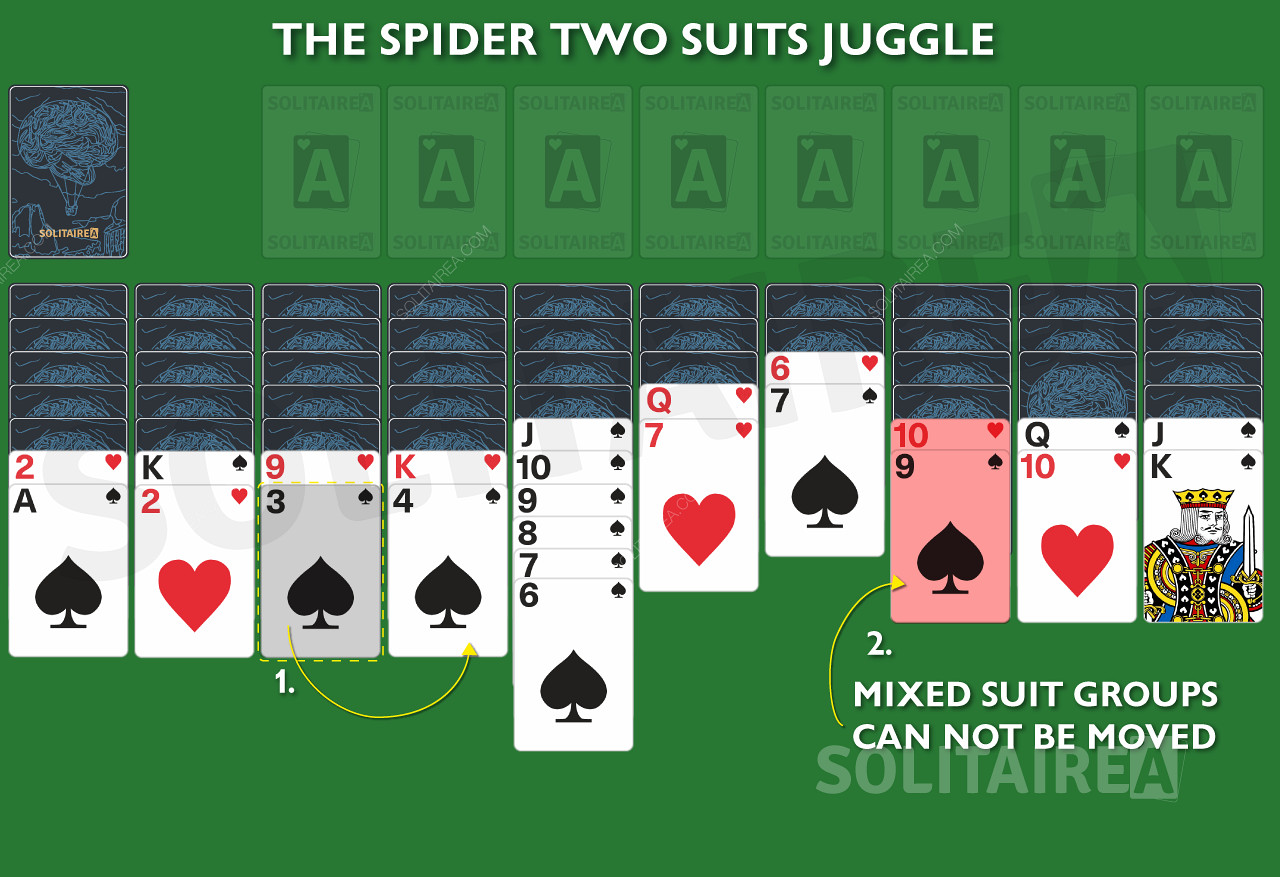 Grupy mieszanych kolorów nie mogą być przenoszone w Spider Solitaire 2 Suits